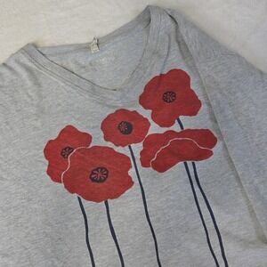 Marushka T Shirt Womens 2XL V Neck Gray Red Poppies Floral Handpainted Art Boho